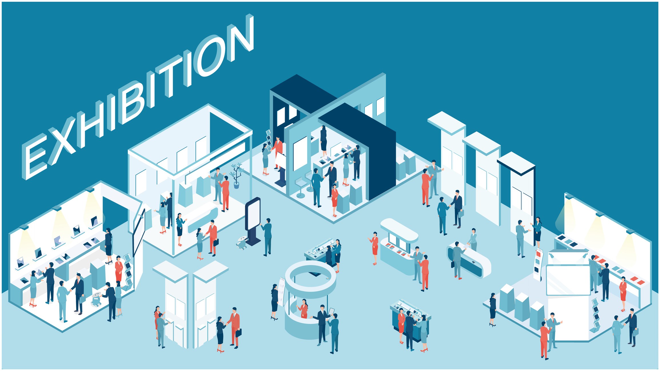Isometric illustration of an exhibition floor with visitors exploring display booths and architectural installations in a modern gallery space