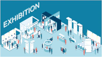 Isometric illustration of an exhibition floor with visitors exploring display booths and architectural installations in a modern gallery space