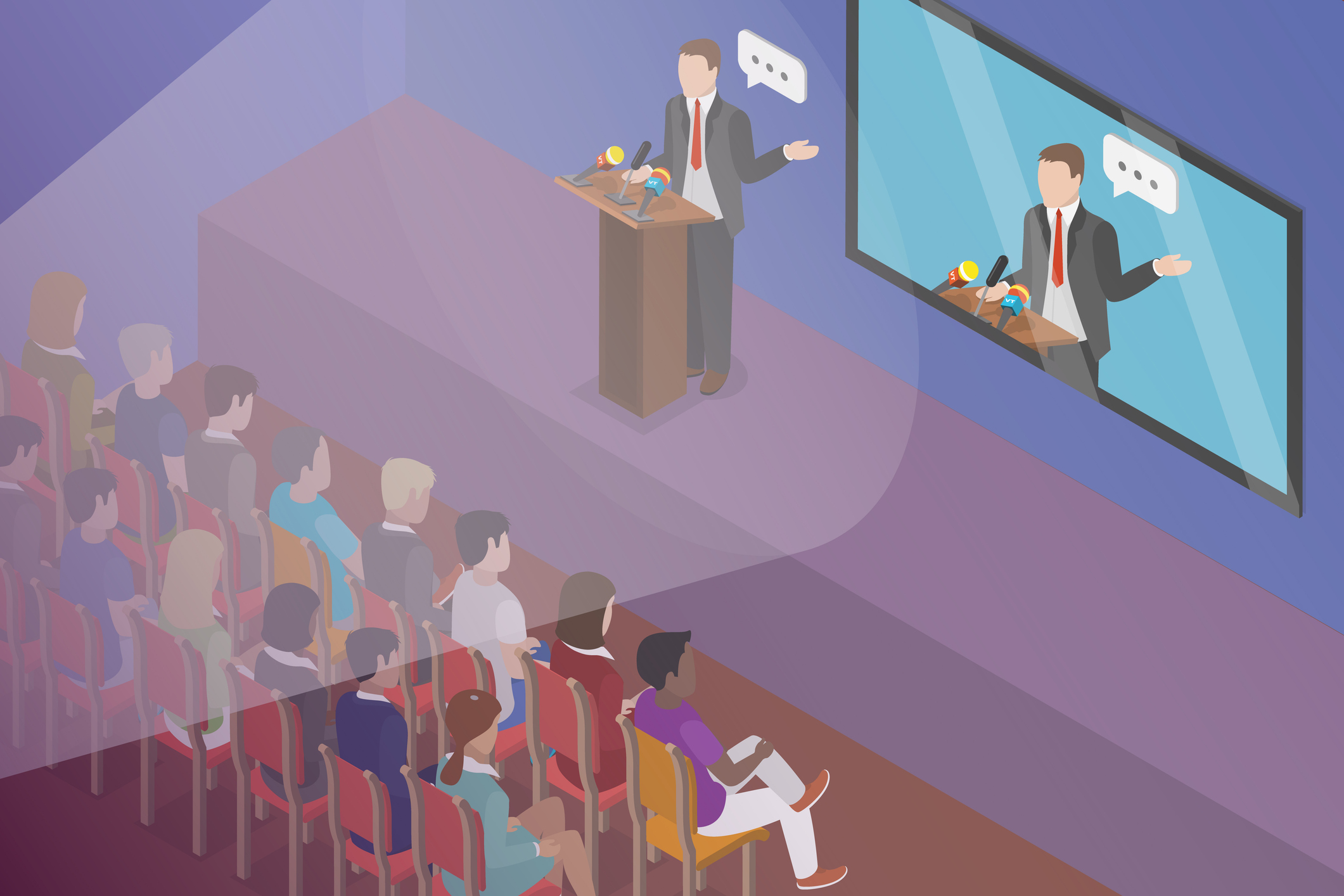 Isometric illustration of a hybrid event with a speaker at a podium addressing seated audience members while appearing on a large screen for remote participants.