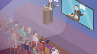 Isometric illustration of a hybrid event with a speaker at a podium addressing seated audience members while appearing on a large screen for remote participants.