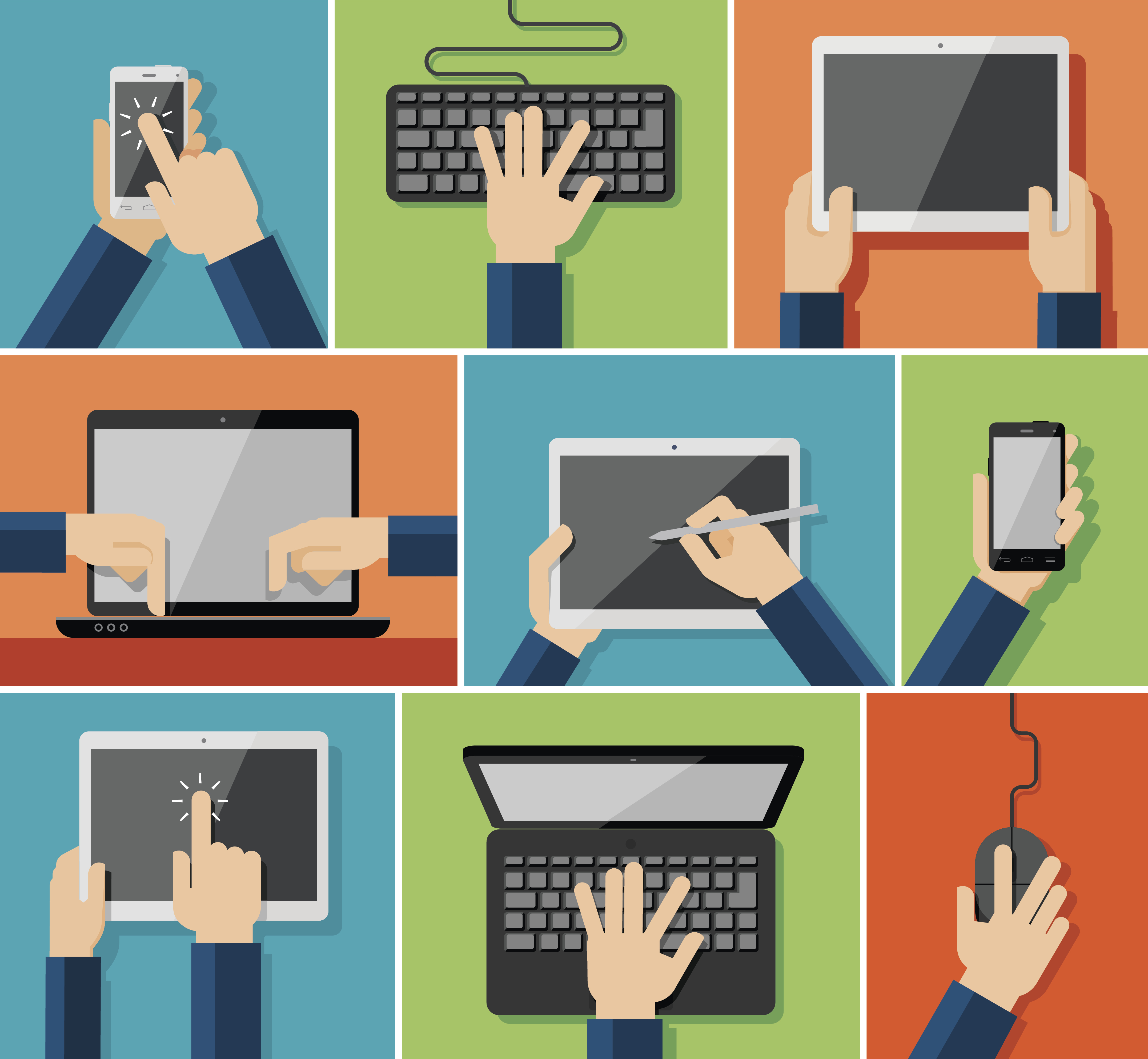 Nine flat design illustrations showing hands interacting with various digital devices including smartphones, keyboards, laptops, tablets, and styluses on colored backgrounds.