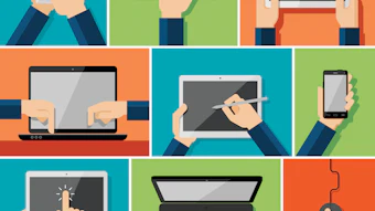 Nine flat design illustrations showing hands interacting with various digital devices including smartphones, keyboards, laptops, tablets, and styluses on colored backgrounds.