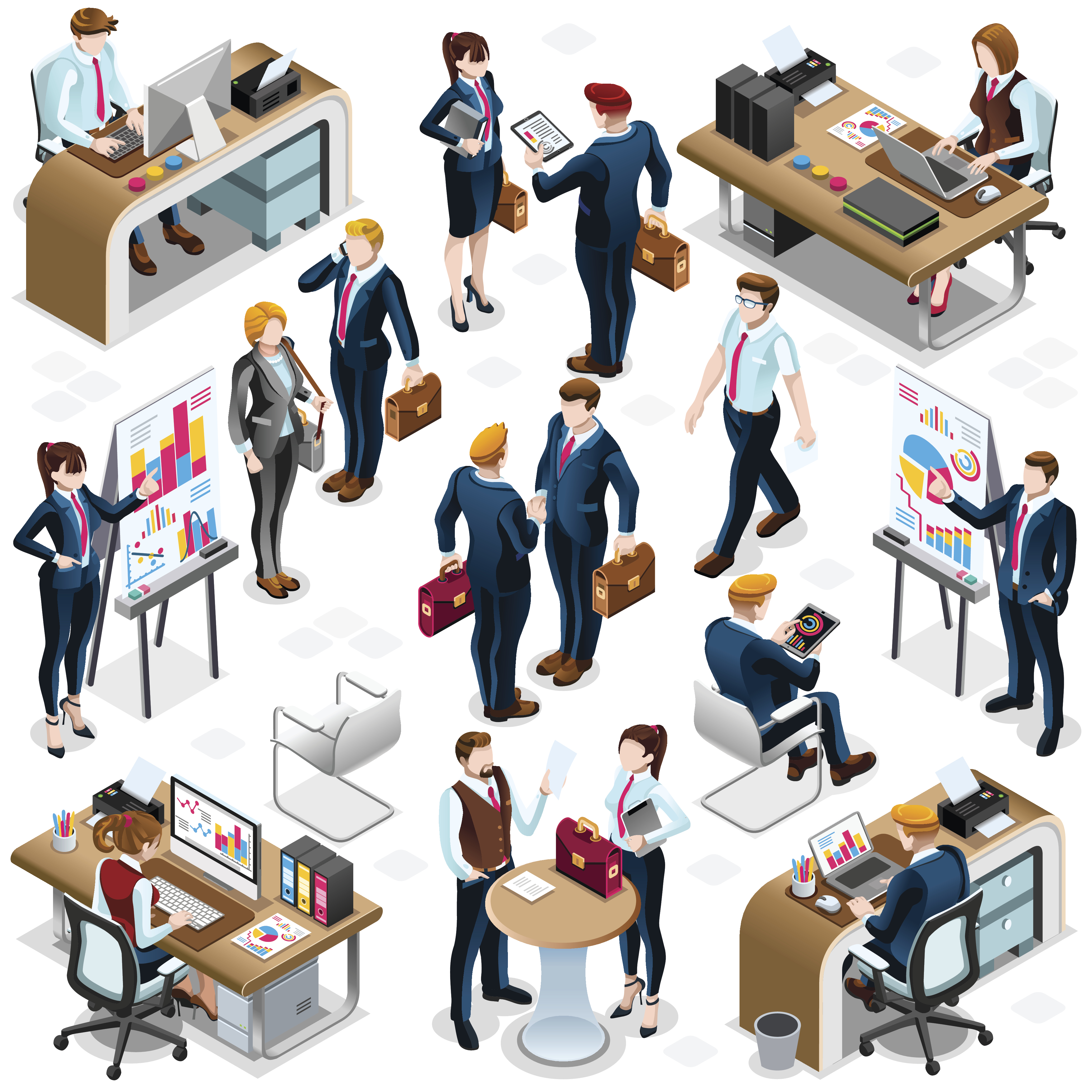 Isometric office scene with diverse business professionals working at desks, presenting data charts, holding briefcases, and collaborating in a modern workplace environment.