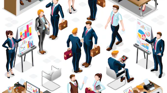 Isometric office scene with diverse business professionals working at desks, presenting data charts, holding briefcases, and collaborating in a modern workplace environment.