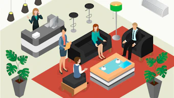 Modern isometric office lobby with professionals, reception desk, seating area, plants, and contemporary furnishings