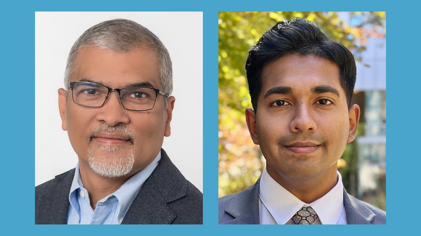 Two professional headshots of men in business attire against blue and outdoor backgrounds