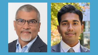 Two professional headshots of men in business attire against blue and outdoor backgrounds