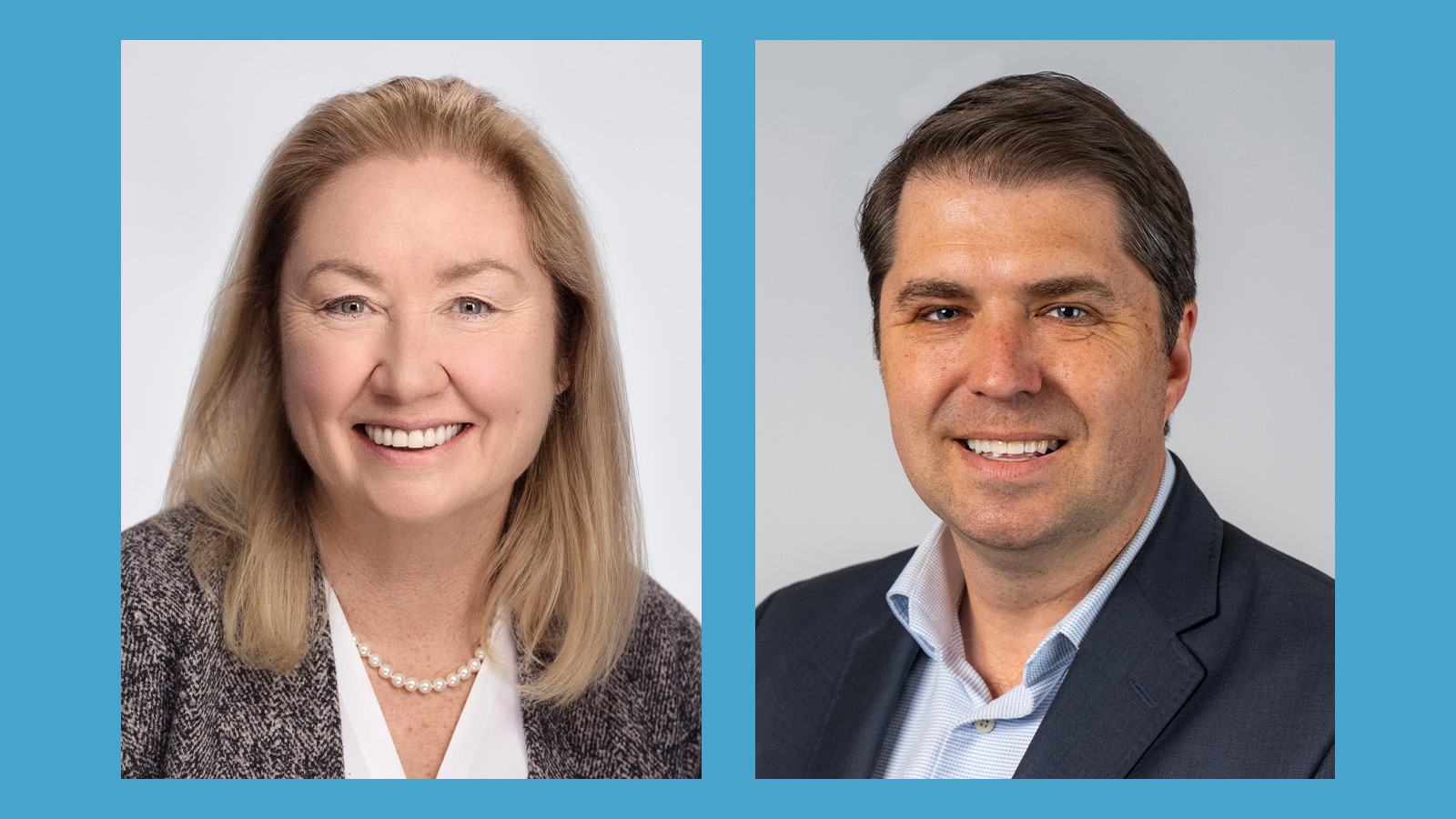 Professional headshots of two business professionals smiling against neutral backgrounds