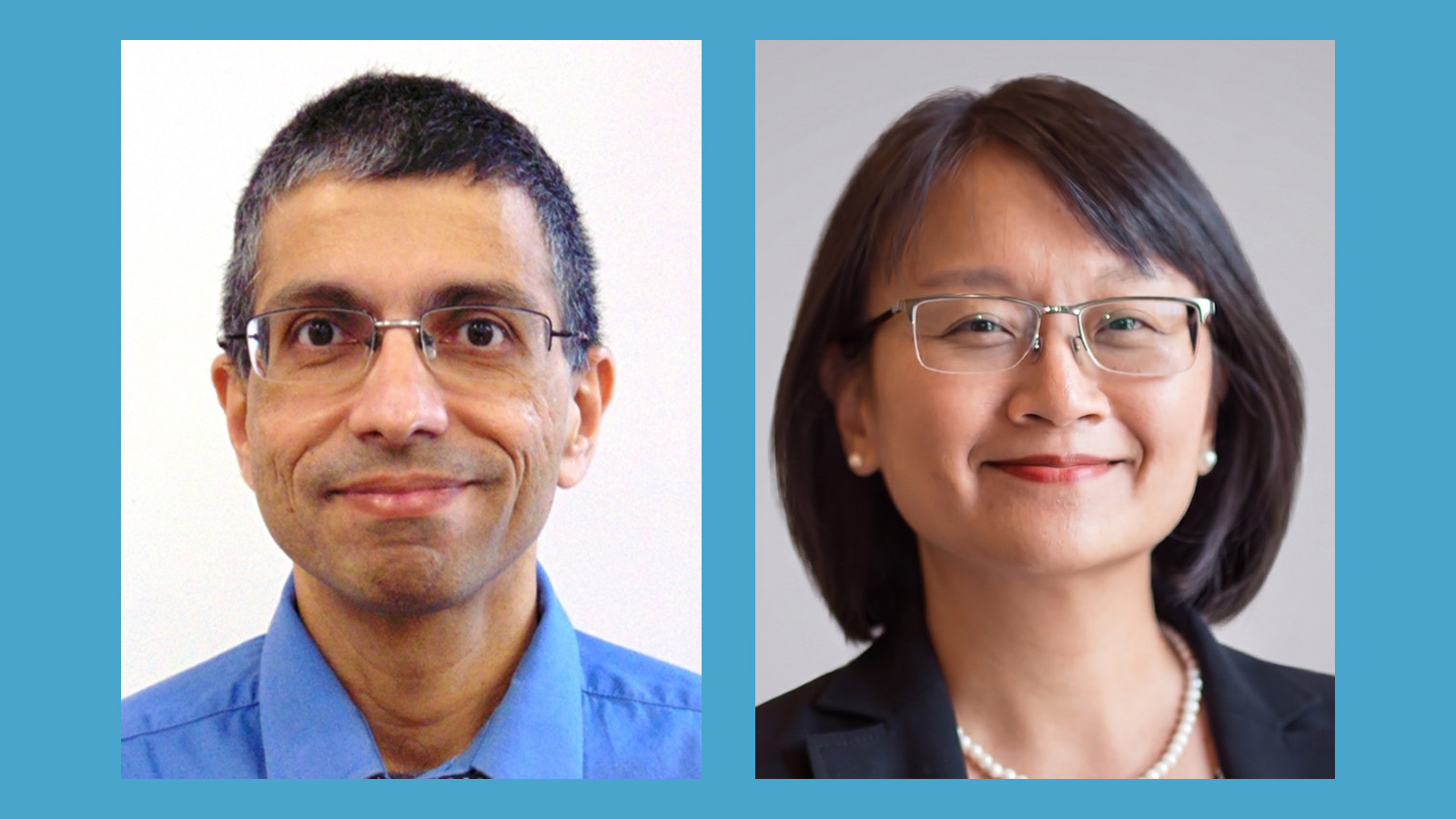 Two professional headshots side by side: man in blue shirt with glasses on left, woman in black blazer with glasses on right
