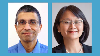 Two professional headshots side by side: man in blue shirt with glasses on left, woman in black blazer with glasses on right