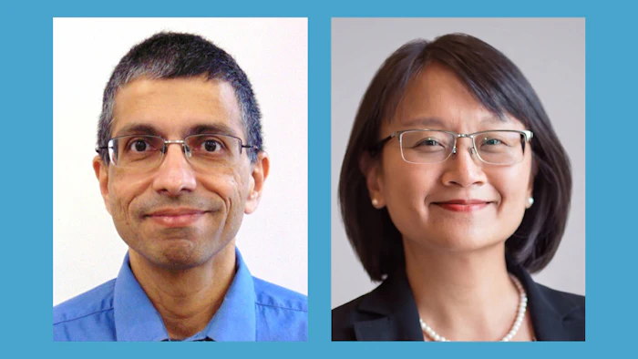 Two professional headshots side by side: man in blue shirt with glasses on left, woman in black blazer with glasses on right