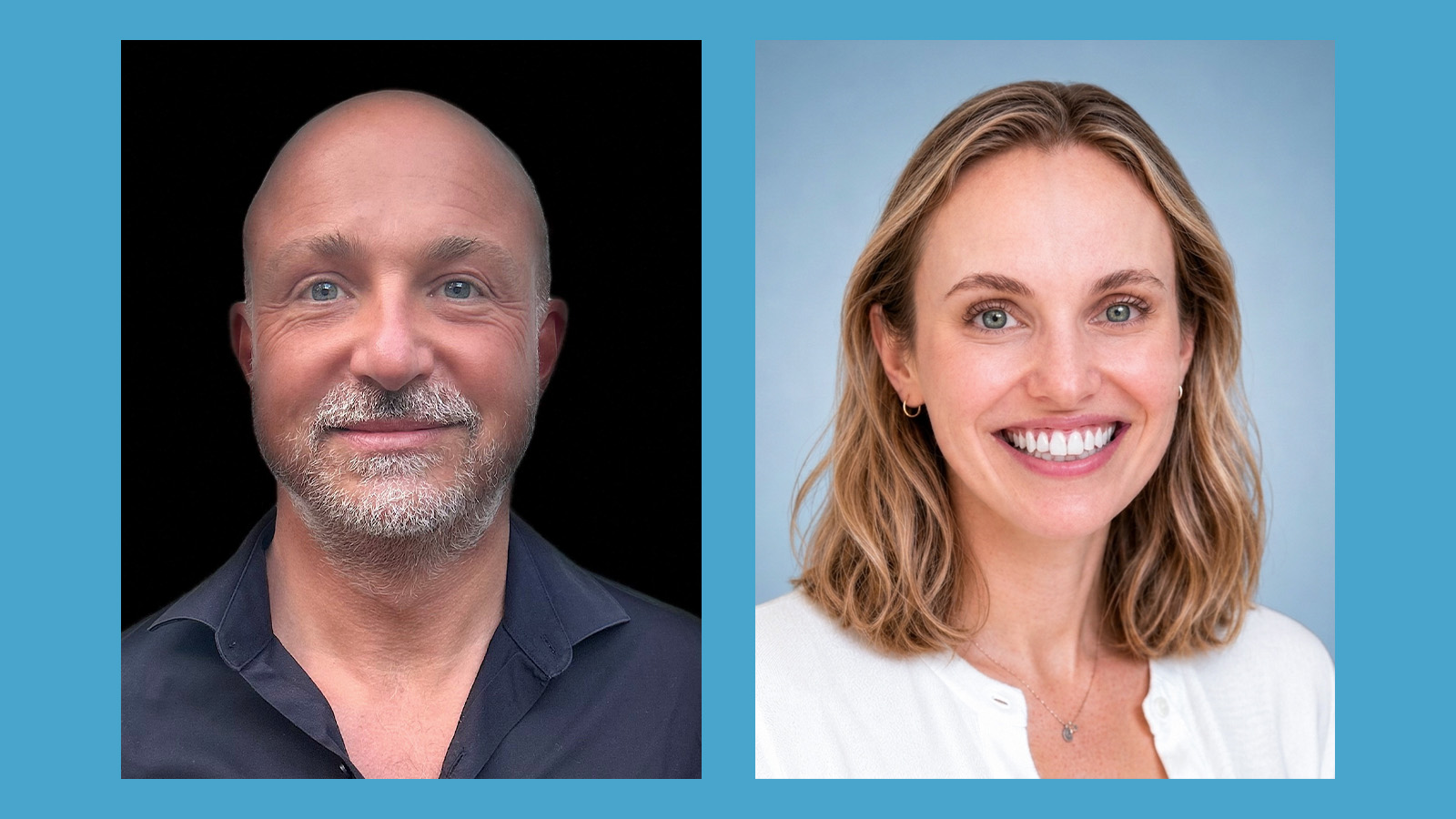 Two professional headshots: bald man with goatee in dark shirt and woman with brown wavy hair in white top, both smiling against blue background