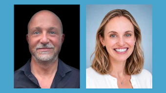 Two professional headshots: bald man with goatee in dark shirt and woman with brown wavy hair in white top, both smiling against blue background