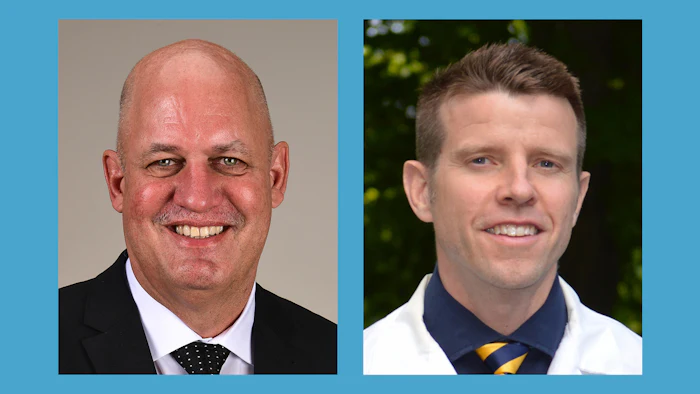 Two professional headshot portraits of men in business attire smiling at camera