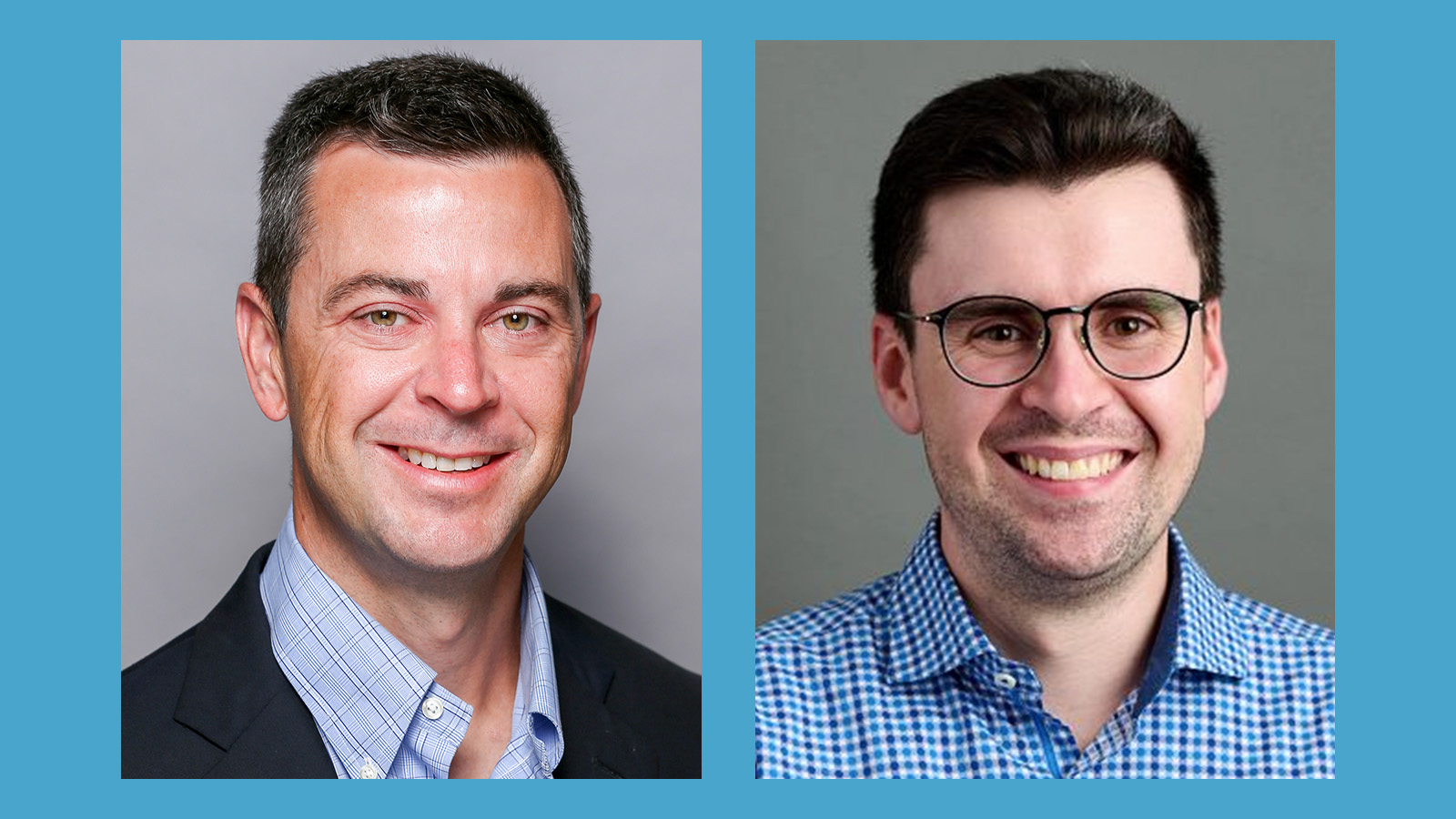 Two professional headshots of smiling men side by side against blue and gray backgrounds