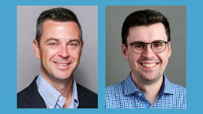 Two professional headshots of smiling men side by side against blue and gray backgrounds