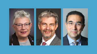 Three professional headshots of business professionals displayed side by side on a blue background