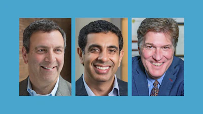 Three professional headshots of smiling men on blue background