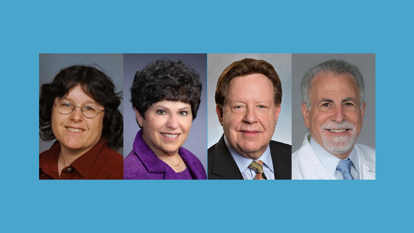 Four professional headshots of individuals displayed in a grid layout against a blue background