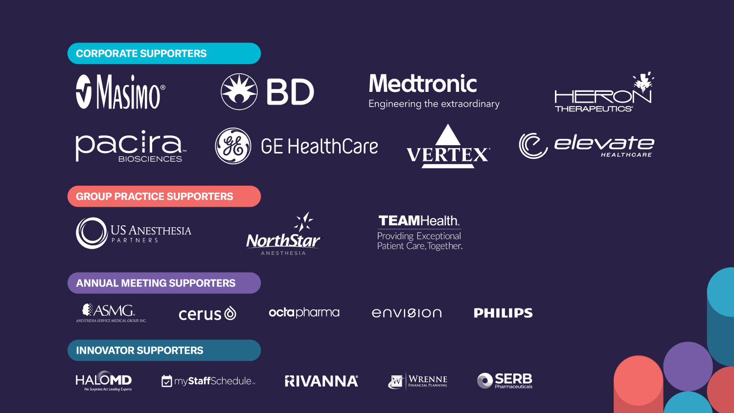 Corporate sponsor logos organized by category: Masimo, BD, Medtronic, Heron Therapeutics, Pacira, GE Healthcare, Vertex, Elevate Health, US Anesthesia Partners, NorthStar, TEAMHealth, ASMG, Cerus, Octapharma, Envision, Philips, HaloMD, myStaffSchedule, Rivanna, and Werenne on dark purple background.