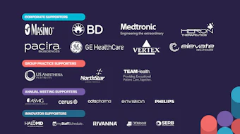 Corporate sponsor logos organized by category: Masimo, BD, Medtronic, Heron Therapeutics, Pacira, GE Healthcare, Vertex, Elevate Health, US Anesthesia Partners, NorthStar, TEAMHealth, ASMG, Cerus, Octapharma, Envision, Philips, HaloMD, myStaffSchedule, Rivanna, and Werenne on dark purple background.