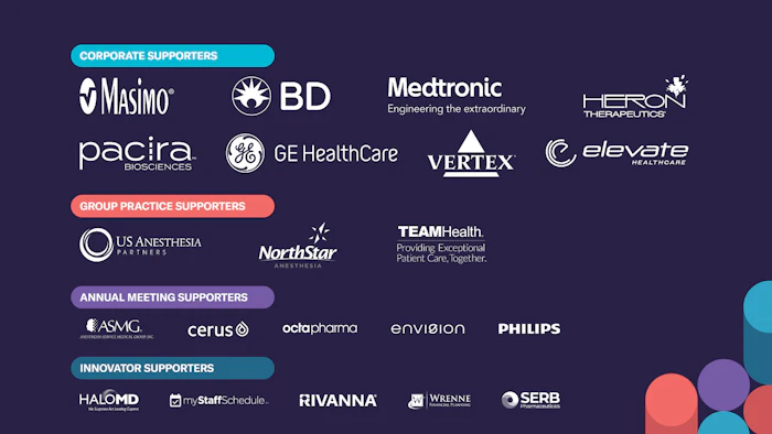 Corporate sponsor logos organized by category: Masimo, BD, Medtronic, Heron Therapeutics, Pacira, GE Healthcare, Vertex, Elevate Health, US Anesthesia Partners, NorthStar, TEAMHealth, ASMG, Cerus, Octapharma, Envision, Philips, HaloMD, myStaffSchedule, Rivanna, and Werenne on dark purple background.