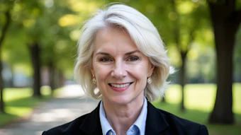 Professional portrait of a smiling woman with white hair wearing a black blazer and blue shirt in a park setting