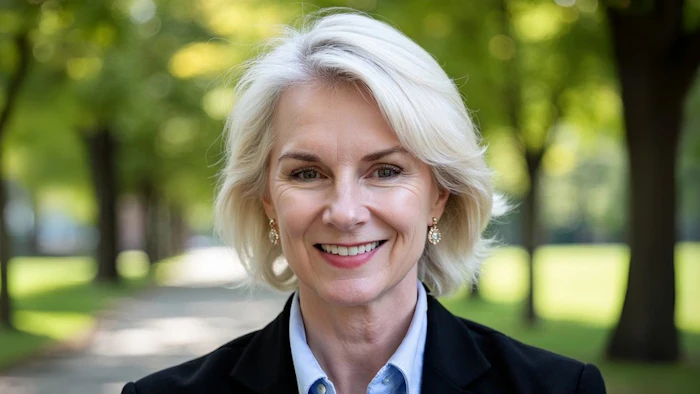 Professional portrait of a smiling woman with white hair wearing a black blazer and blue shirt in a park setting