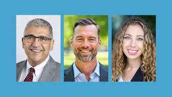 Three professional headshots of smiling team members against a blue background