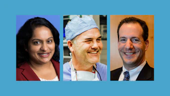 Three professional headshots of diverse individuals smiling against colored backgrounds