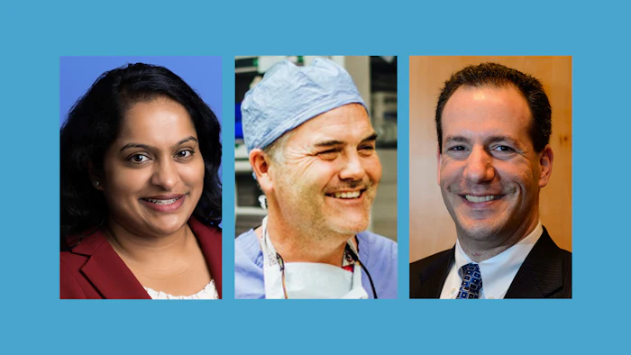 Three professional headshots of diverse individuals smiling against colored backgrounds