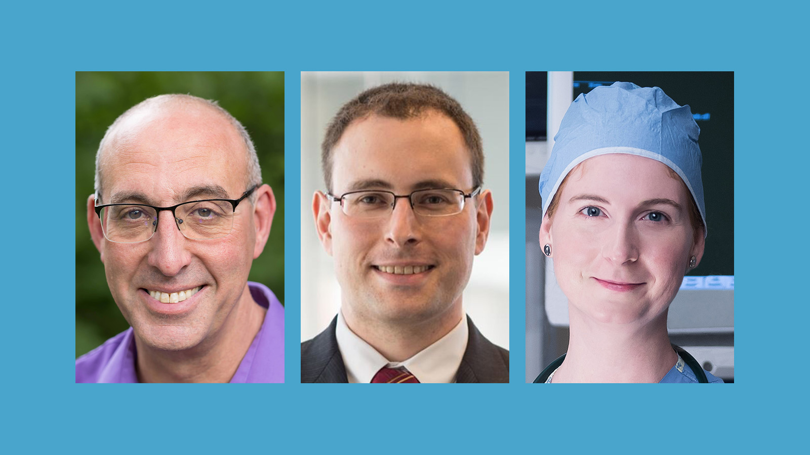 Three professional headshots of individuals displayed against a blue background