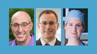 Three professional headshots of individuals displayed against a blue background