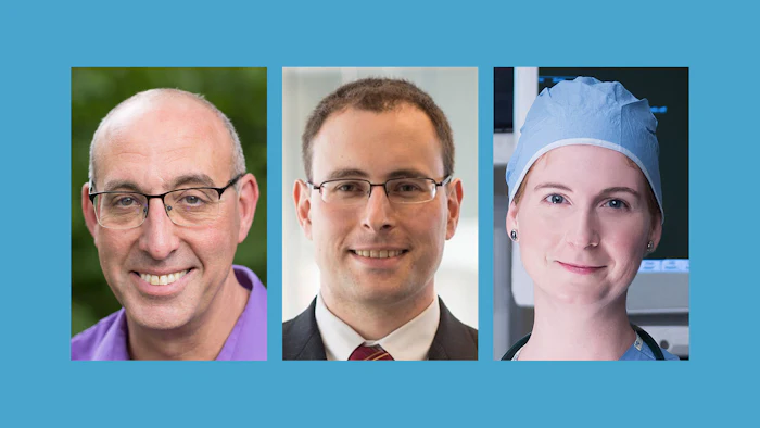 Three professional headshots of individuals displayed against a blue background