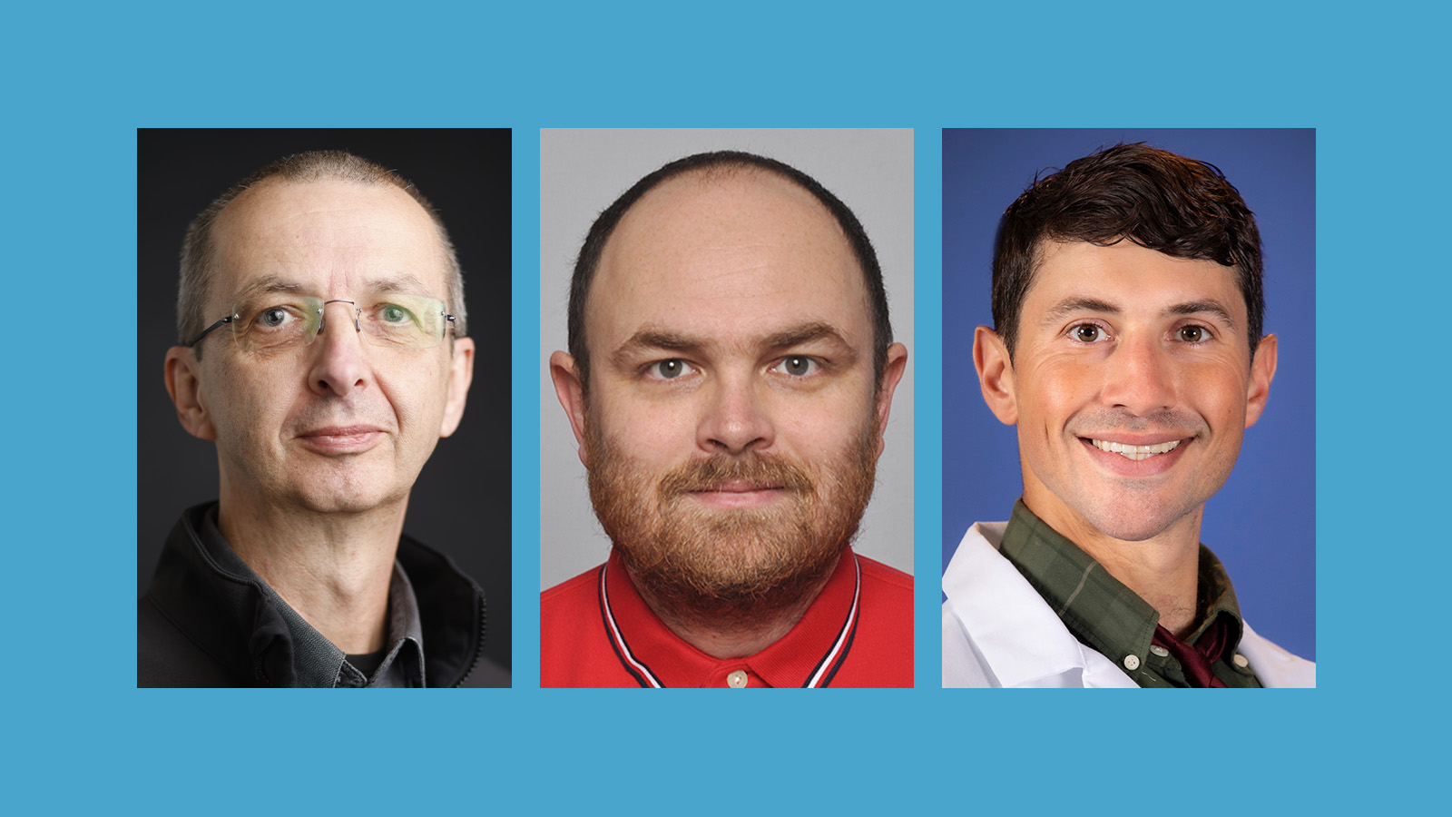 Three professional headshots of men with different backgrounds and styling