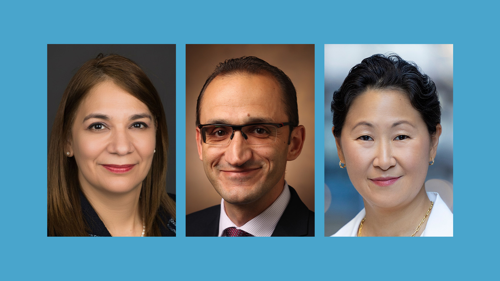Three professional headshots of individuals displayed side by side on a blue background