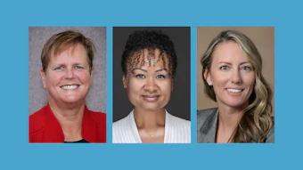 Three professional headshots of diverse individuals smiling against a blue background
