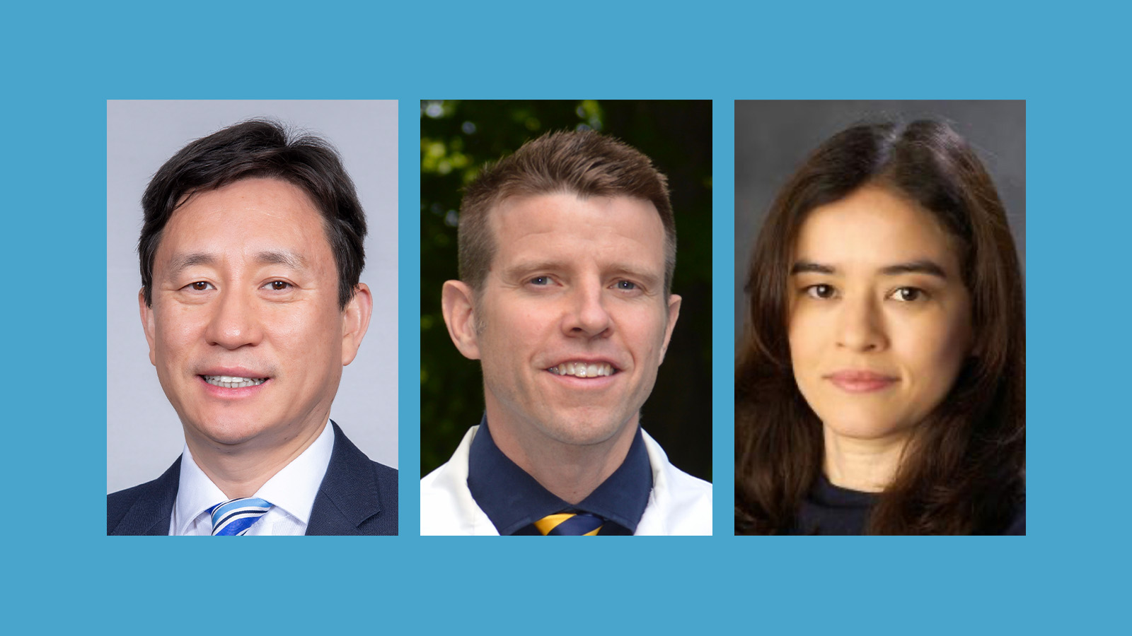 Three professional headshots of diverse individuals on blue background