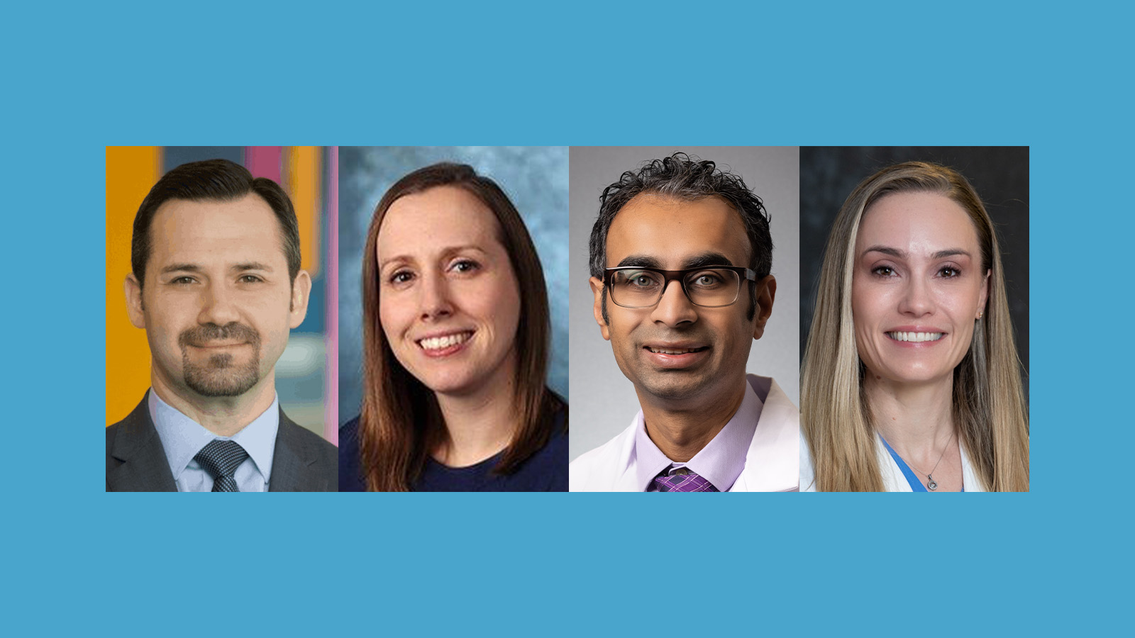 Four professional headshots of team members displayed horizontally against a blue background