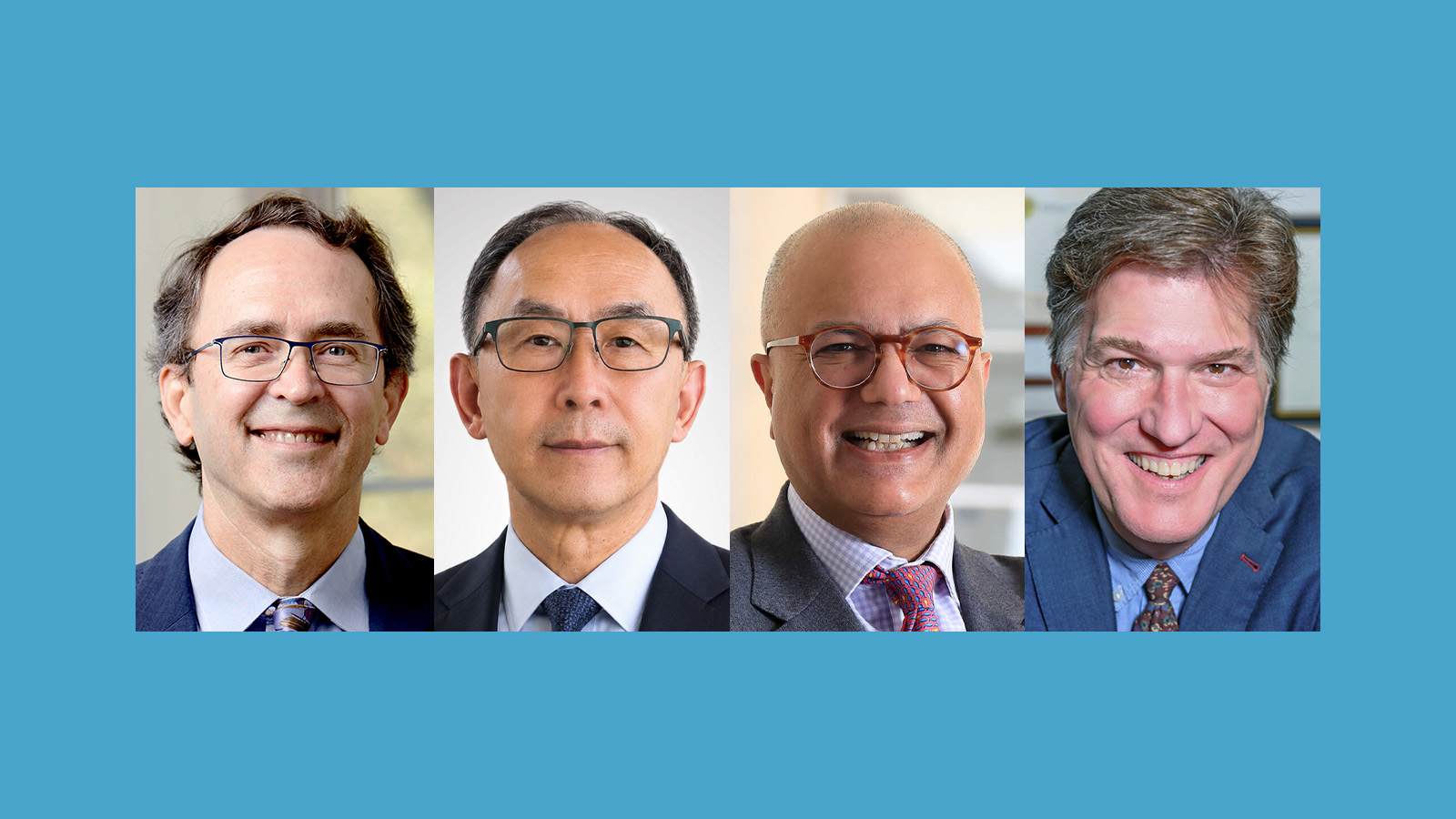 Four professional headshots of men in business attire against a blue background
